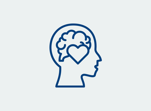 Stilisiertes Icon eines menschlichen Kopfes mit Gehirn und Herzsymbol zur Darstellung von mentaler Gesundheit und emotionalem Wohlbefinden.