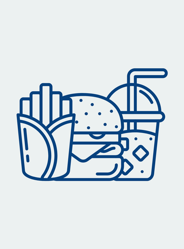 Stilisiertes Icon eines Hamburgers mit Pommes und Softdrink zur Darstellung von Fast Food oder ungesunder Ernährung