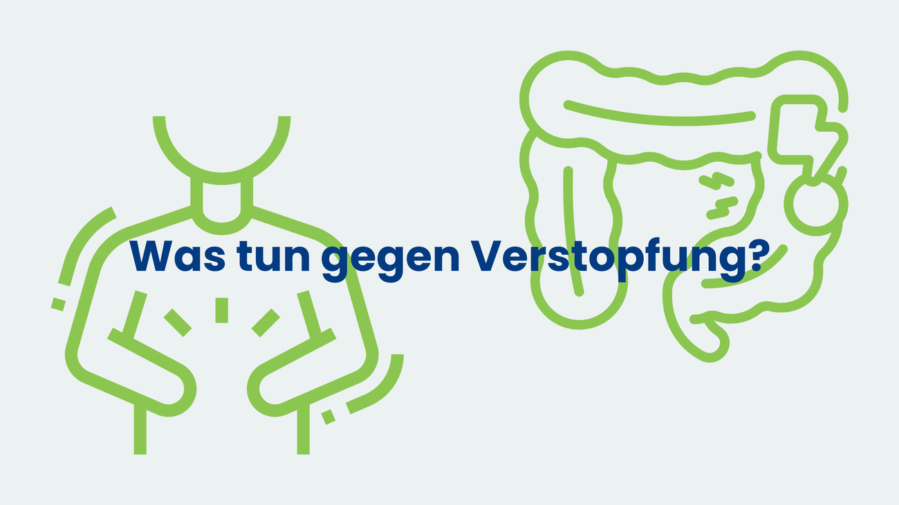 Illustration mit schematischem Oberkörper und Darm und der Frage „Was tun gegen Verstopfung?“