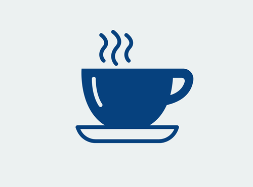 Stilisiertes Icon einer dampfenden Kaffeetasse auf einer Untertasse zur Darstellung von Kaffee oder Heißgetränken.