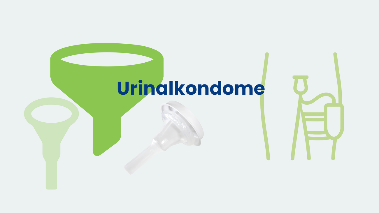 Grafik mit Titel ‚Urinalkondome‘; grüne Trichtersilhouette, Foto eines Kondomurinals und Piktogramm mit Beinbeutel.