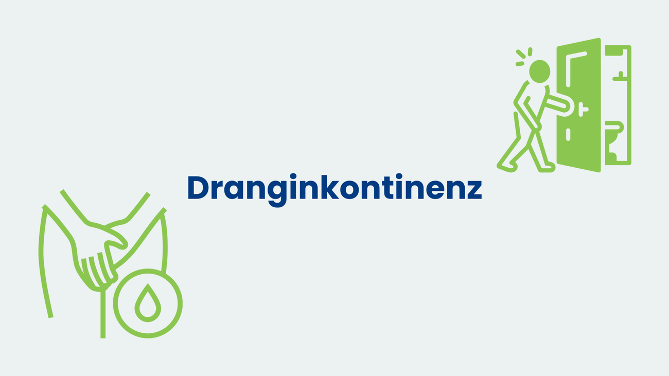 Grafische Darstellung der Dranginkontinenz: Symbol einer Person mit plötzlich auftretendem Harndrang sowie einer eilig geöffneten Toilettentür.
