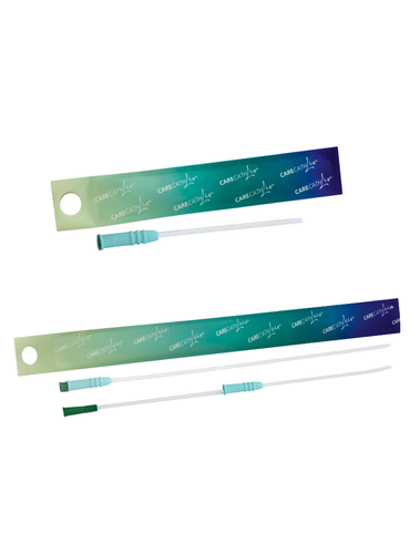 Produktfoto der Einmalkatheter Liv & LEIV mit grün-blau verlaufender Verpackung und grünem Konnektor.