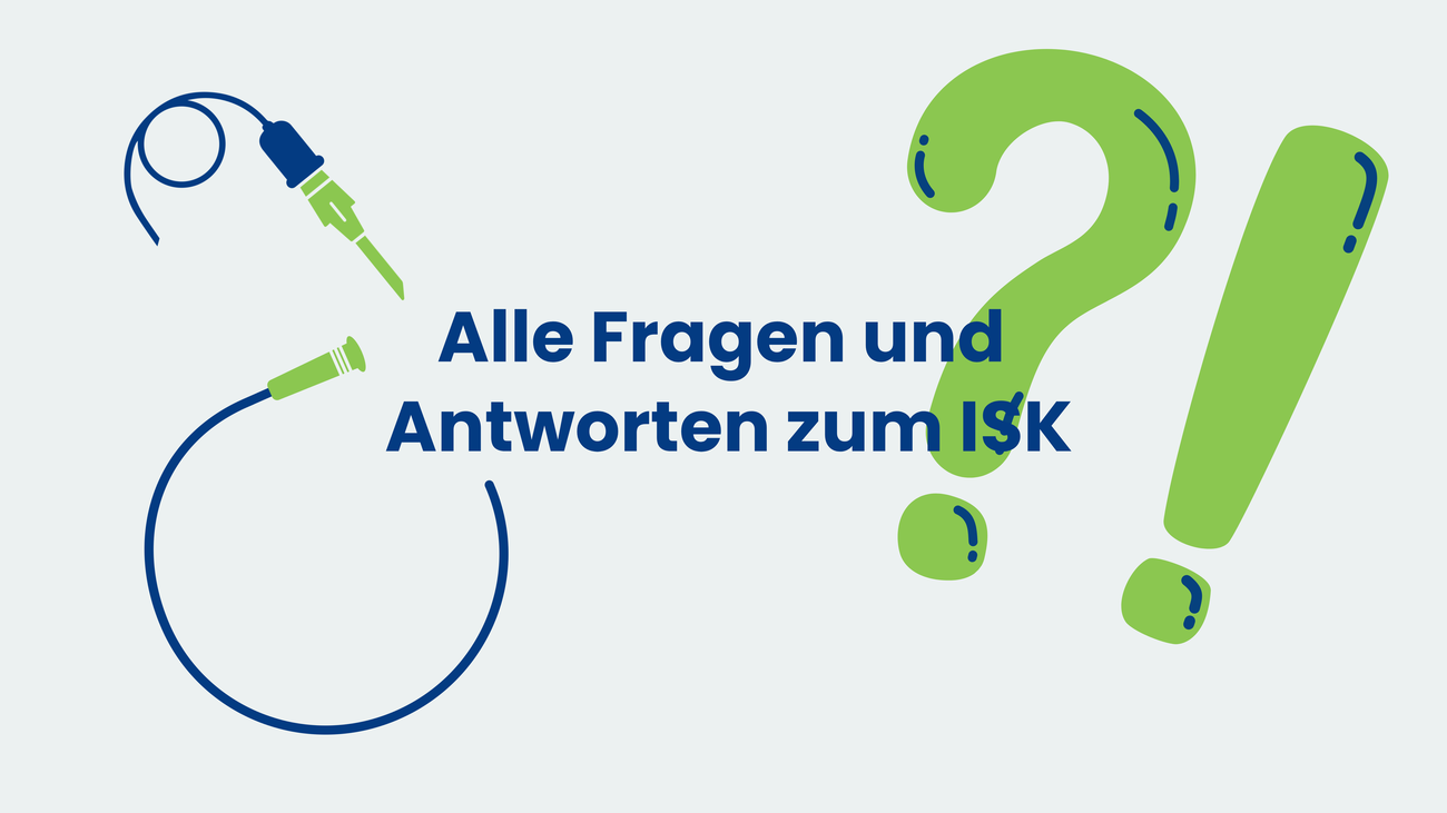 Grafik mit der Überschrift ‚Alle Fragen und Antworten zum ISK‘; links stilisierte ISK-Katheter in Blau/Grün, rechts großes grünes Frage- und Ausrufezeichen.