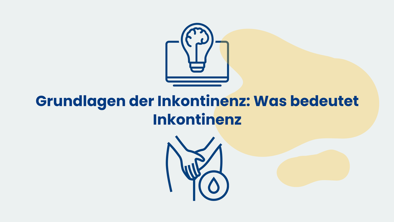 Grafik mit der Überschrift ‚Grundlagen der Inkontinenz: Was bedeutet Inkontinenz‘; oben ein Icon mit Glühbirne auf Laptop, unten ein Piktogramm von Hand am Unterbauch mit Tropfensymbol, gelber Formakzent im Hintergrund.