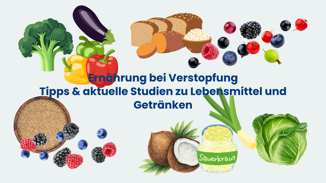 Grafik mit der Überschrift ‚Ernährung bei Verstopfung – Tipps & aktuelle Studien zu Lebensmitteln und Getränken‘; um den Text arrangiert: Brokkoli, Paprika, Aubergine, Blattgemüse, Lauchzwiebel, Vollkornbrot/Getreide, Beeren, Schale mit Kleie/Hafer, Kokosnuss und ein Glas Sauerkraut.