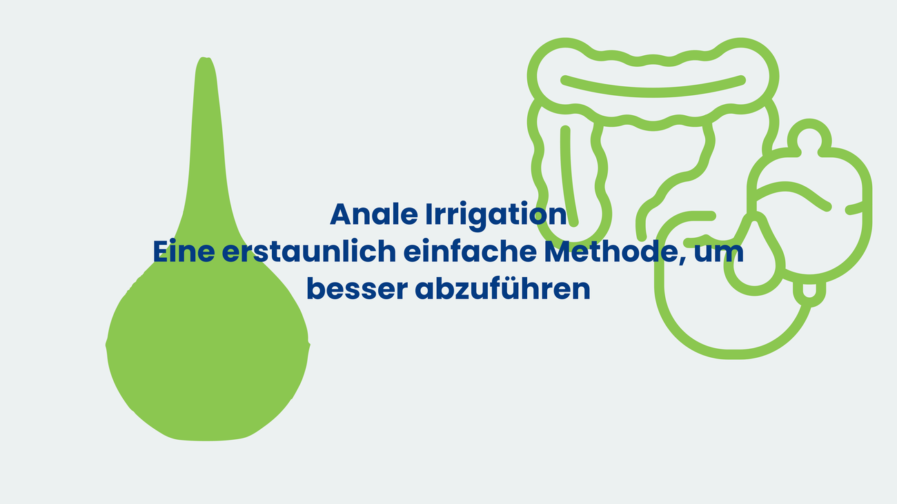 Grafik mit der Überschrift ‚Anale Irrigation – Eine erstaunlich einfache Methode, um besser abzuführen‘; links eine grüne Irrigations-Birne, rechts ein schematischer Dickdarm mit Irrigationsbeutel.