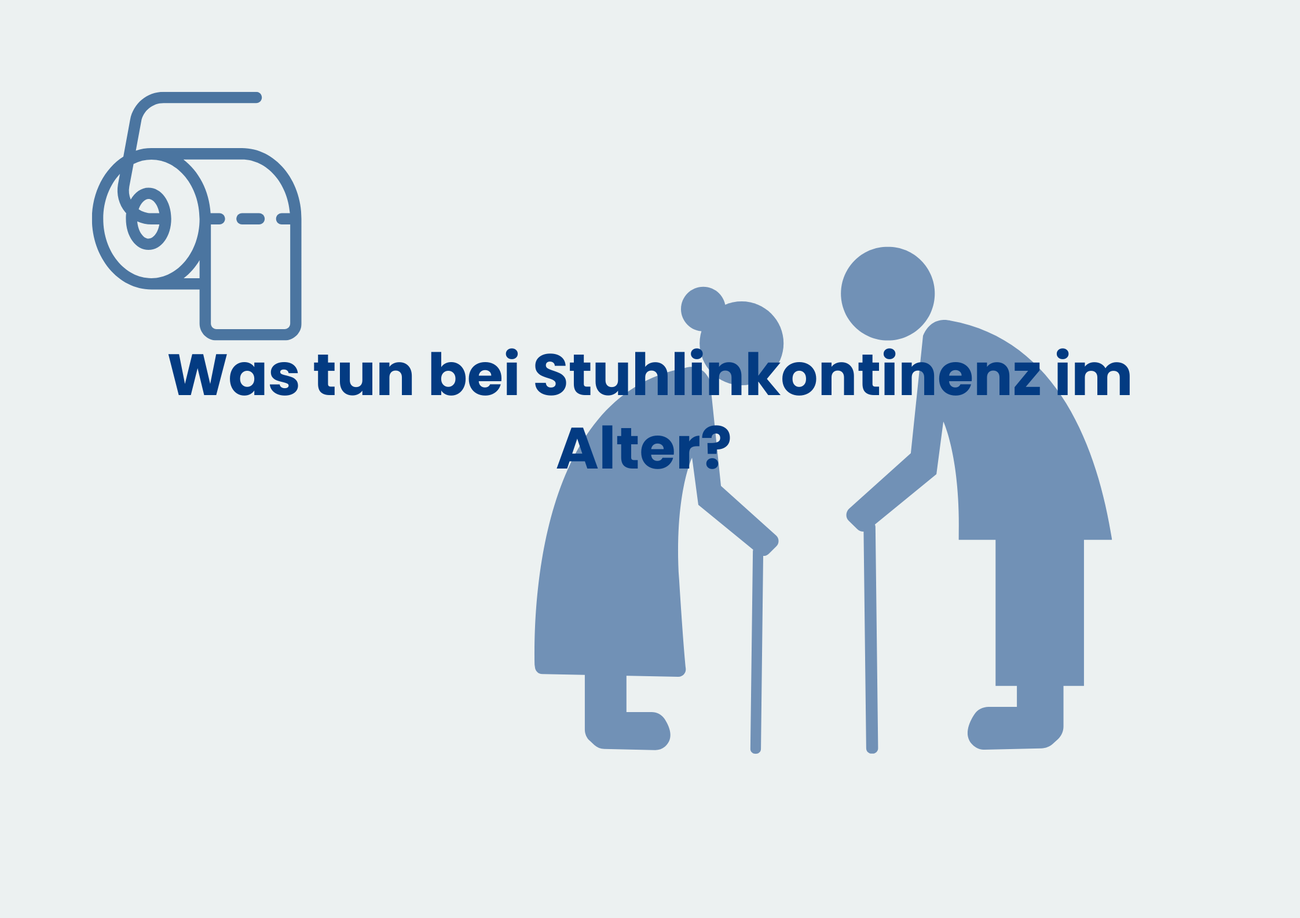 Illustration zweier älterer Menschen mit Gehstöcken zum Thema Stuhlinkontinenz im Alter, ergänzt durch ein Toilettenpapier-Symbol und den Text „Was tun bei Stuhlinkontinenz im Alter?"