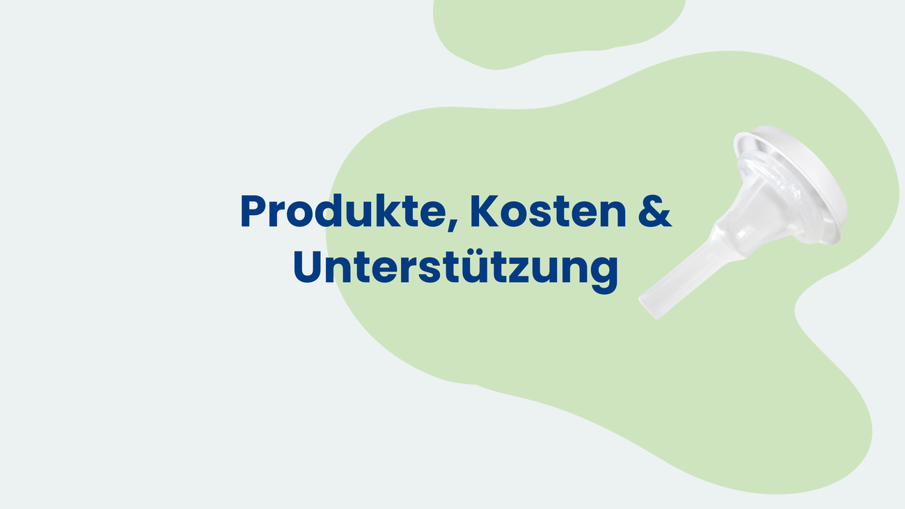 Grafik mit der Überschrift ‚Produkte, Kosten & Unterstützung‘; rechts Foto eines transparenten Urinalkondoms vor grünem Formakzent.