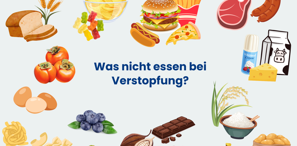 Grafik: ‚Was nicht essen bei Verstopfung?‘, umgeben von Weißbrot, Süßigkeiten, Fast Food, Wurst, Käse, Milch, Reis, Nudeln, Schokolade, Eiern, Persimonen und Blaubeeren.
